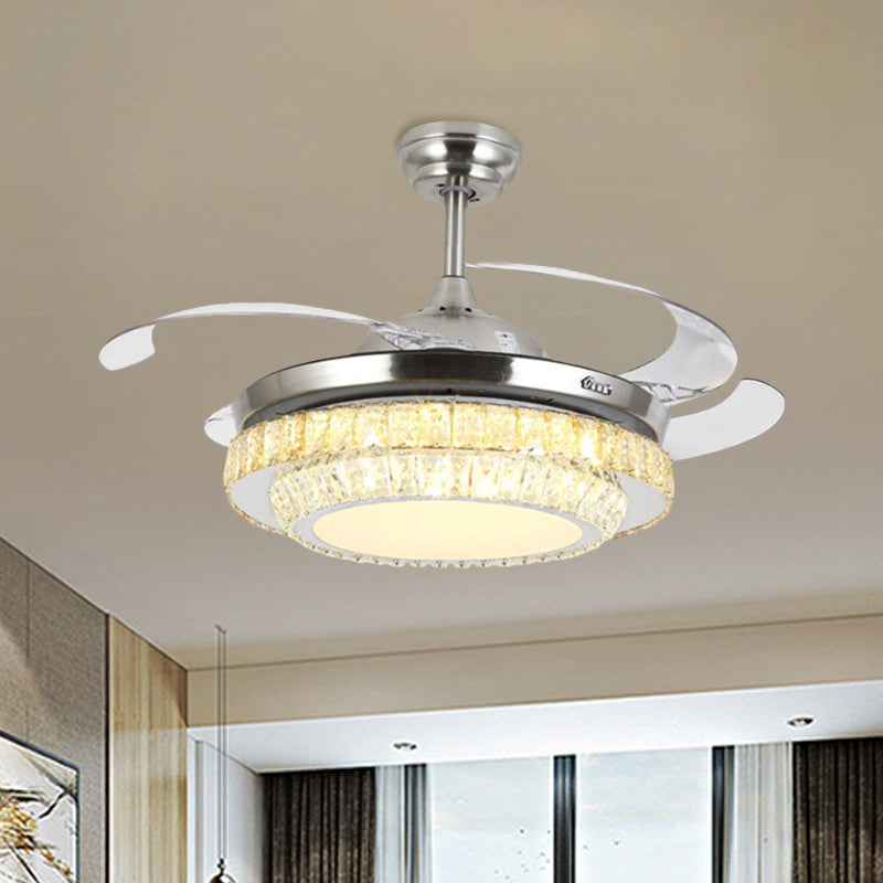 Modernism 3-Tier Round Semi Flush Crystal Block LED Parlor Ceiling Fan Light in Nickel with 4-Blade, 19