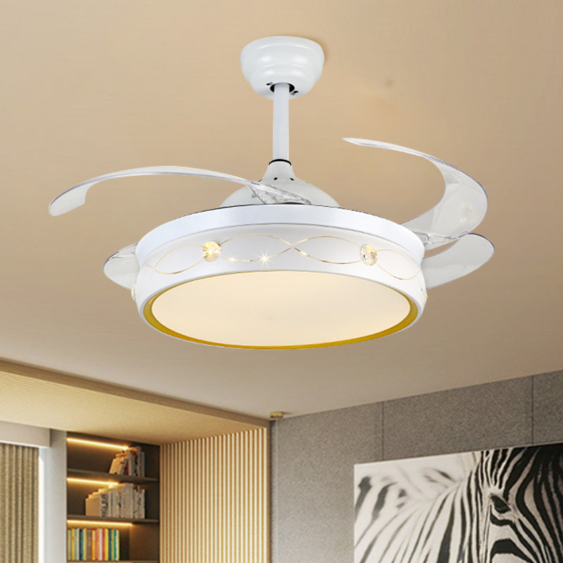 White LED Circular Ceiling Fan Lamp Simplicity Metal Semi Flush Mount with Crystal Deco with 4-Blade, 19