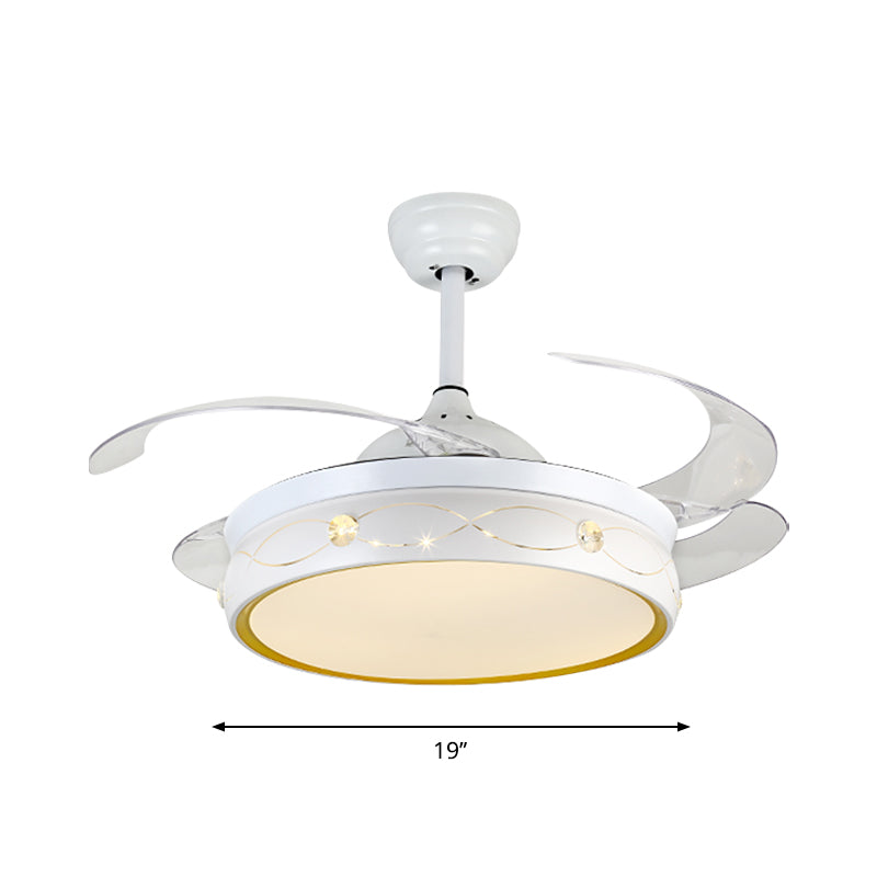 White LED Circular Ceiling Fan Lamp Simplicity Metal Semi Flush Mount with Crystal Deco with 4-Blade, 19