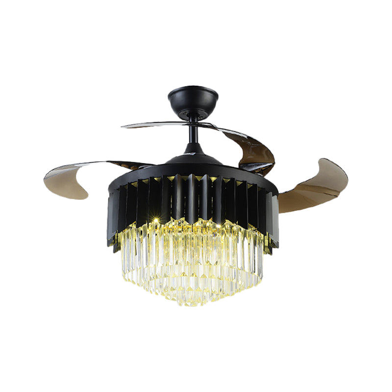 4 Blades Modernism LED Pendant Fan Lamp Black Tiered Semi Flush Mount Light with Crystal Prisms Shade, 19