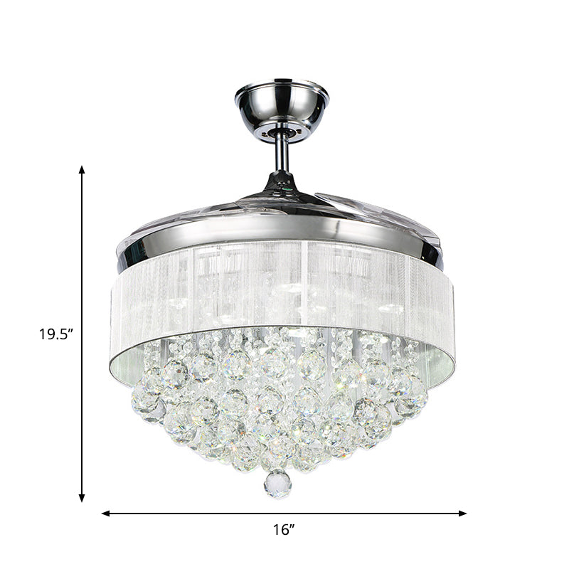 4-Blade LED Parlor Semi Mount Lighting Minimalist White Ceiling Fan Lamp with Tapered Crystal Strands Shade, 19