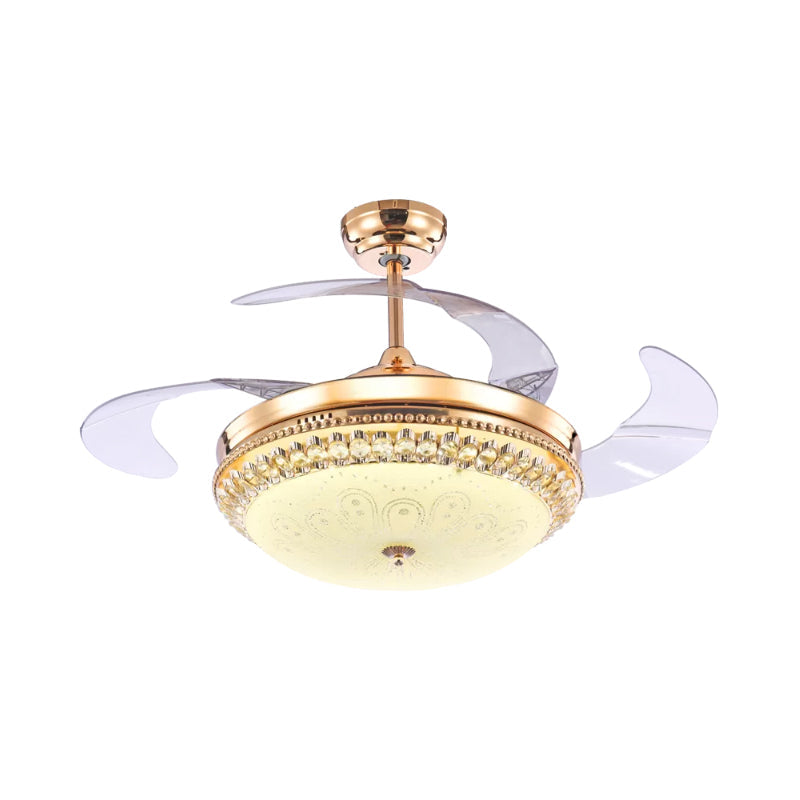 Gold LED Dome Hanging Fan Lamp Fixture Minimalism Frosted Glass 3 Blades Semi Mount Lighting, 19