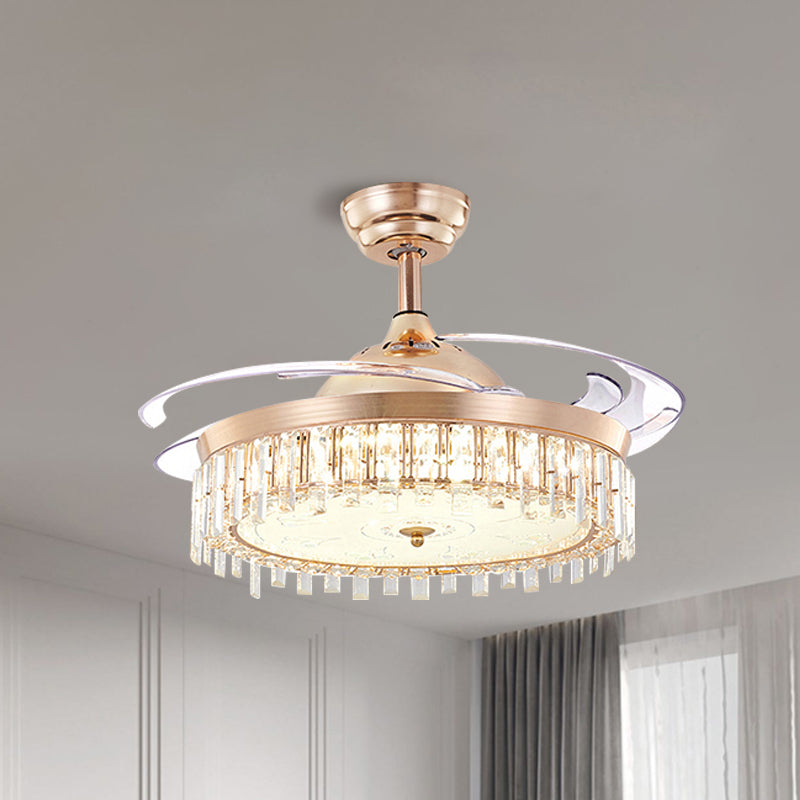 Circular Crystal Ceiling Fan Light Simple LED Gold Semi Flush Mount Lamp with 4-Blade, 19