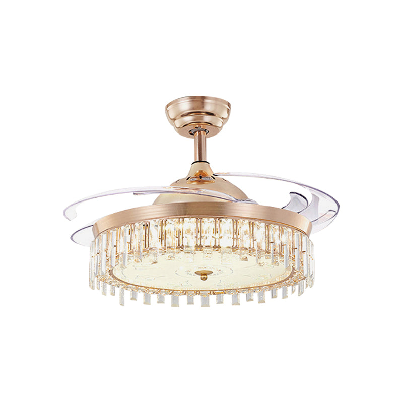 Circular Crystal Ceiling Fan Light Simple LED Gold Semi Flush Mount Lamp with 4-Blade, 19