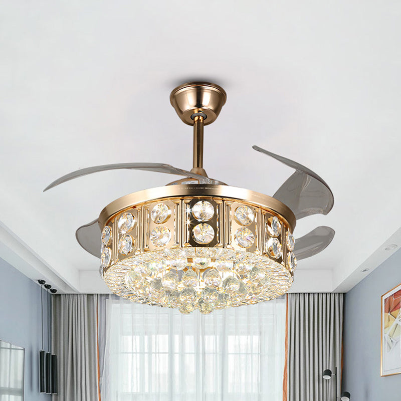 4 Blades LED Bedroom Semi Flush Light Modernism Gold Pendant Fan Lamp with Drum Crystal Block and Orbs Shade, 19