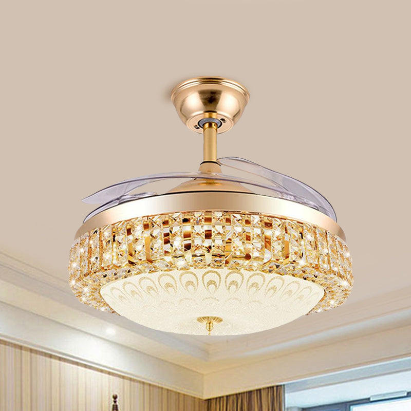 3-Blade Simple LED Hanging Fan Light Gold Domed Semi Mount Lighting with Textured Glass Shade, 19