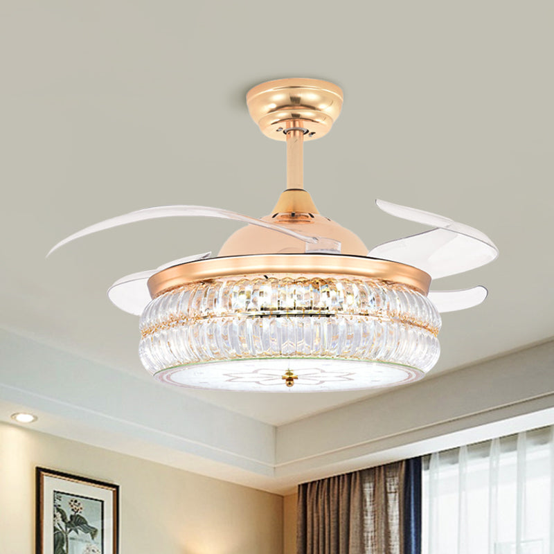 Gold LED Circular Ceiling Fan Lighting Simplicity Beveled Crystal Semi-Flush Mount with 4 Blades, 19