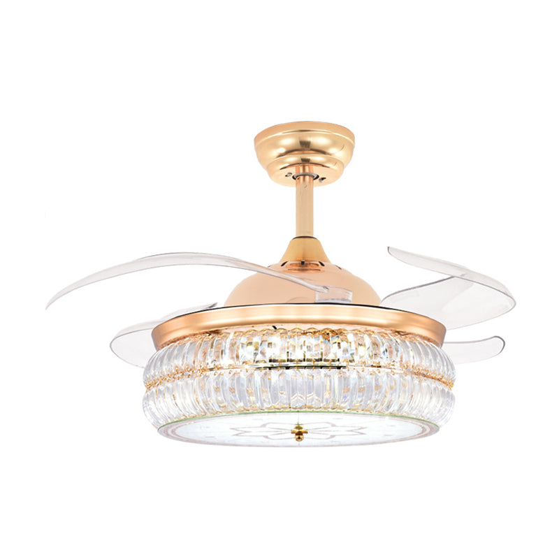Gold LED Circular Ceiling Fan Lighting Simplicity Beveled Crystal Semi-Flush Mount with 4 Blades, 19