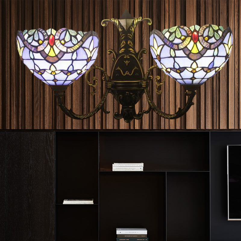 Baroque Style Bowl Wall Lamp Stained Glass Double Wall Sconce Lighting in Brown/Blue for Dining Room Blue Clearhalo 'Industrial' 'Middle century wall lights' 'Tiffany wall lights' 'Tiffany' 'Wall Lamps & Sconces' 'Wall Lights' Lighting' 172523