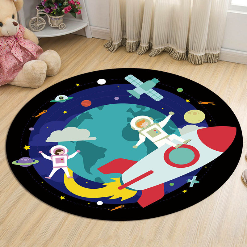 Dark Blue Kids Rug Polyester Spaceship and Star Pattern Rug Pet Friendly Washable Anti-Slip Backing Carpet for Decoration Green Clearhalo 'Area Rug' 'Rug' 1725285