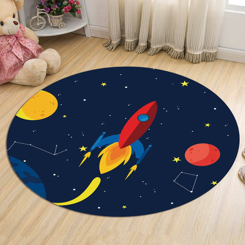 Dark Blue Kids Rug Polyester Spaceship and Star Pattern Rug Pet Friendly Washable Anti-Slip Backing Carpet for Decoration Dark Blue Clearhalo 'Area Rug' 'Rug' 1725286