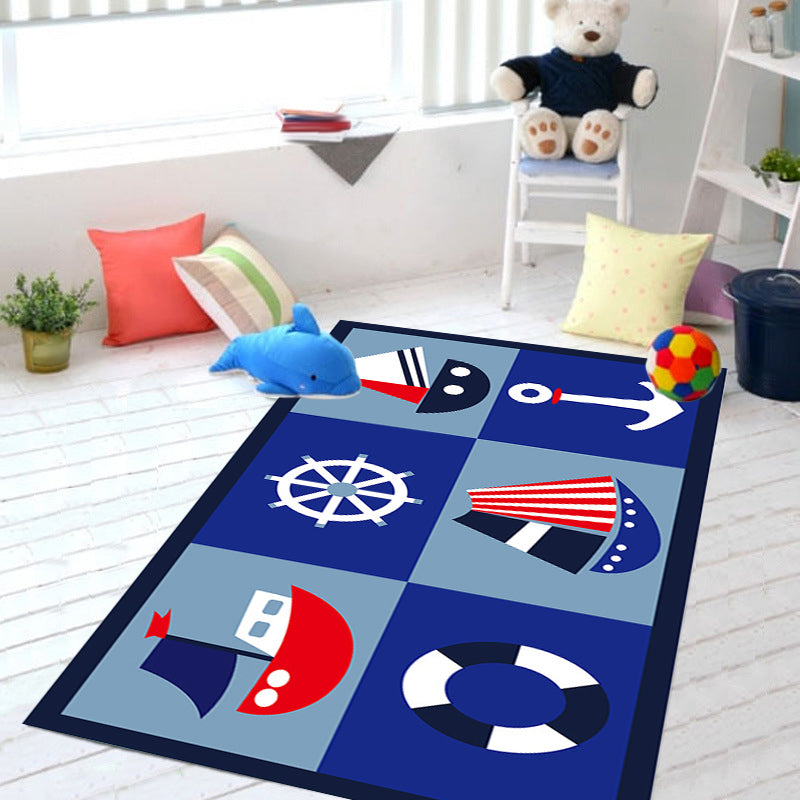 Kids Ship Pattern Rug with Anchor Blue Polyester Rug Washable Pet Friendly Non-Slip Area Rug for Child's Bedroom Clearhalo 'Area Rug' 'Rug' 1725557