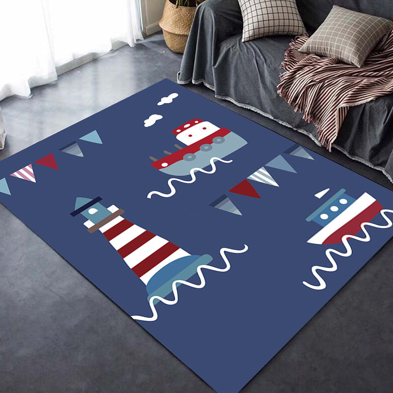 Blue Kids Rug Polyester Lighthouse and Ship Pattern Rug Pet Friendly Washable Anti-Slip Backing Carpet for Decoration Clearhalo 'Area Rug' 'Rug' 1725817