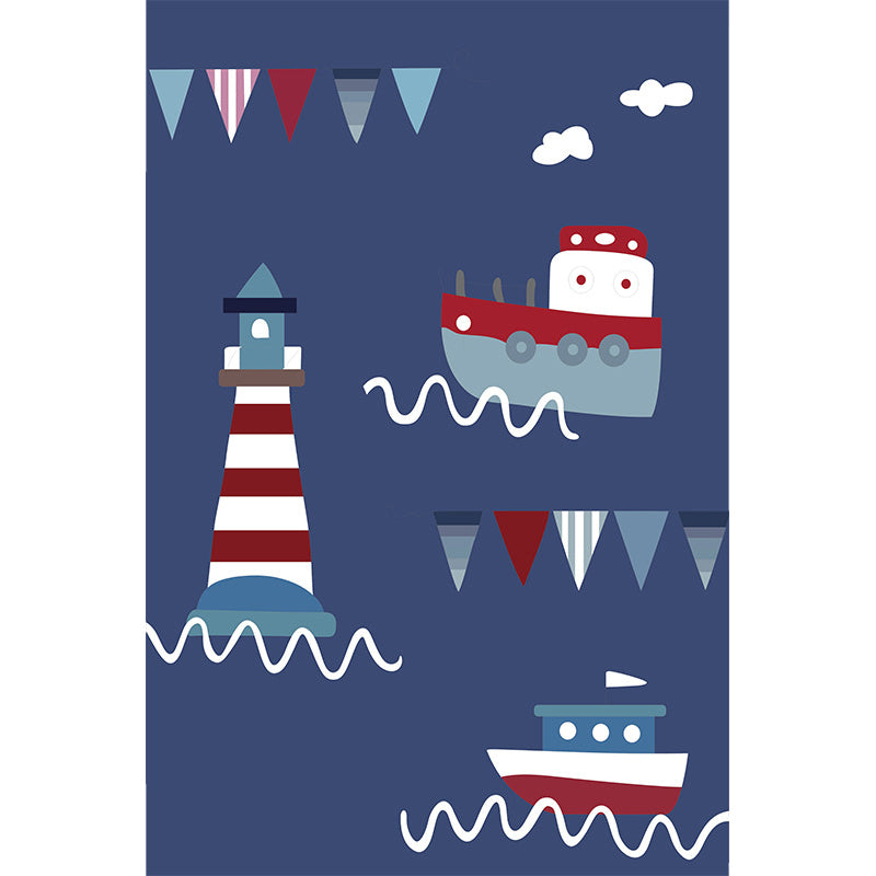 Blue Kids Rug Polyester Lighthouse and Ship Pattern Rug Pet Friendly Washable Anti-Slip Backing Carpet for Decoration Clearhalo 'Area Rug' 'Rug' 1725818