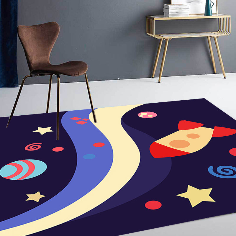 Kids Spaceship Pattern Rug with Planet Dark Blue Polyester Rug Washable Pet Friendly Non-Slip Area Rug for Child's Bedroom Clearhalo 'Area Rug' 'Rug' 1725864