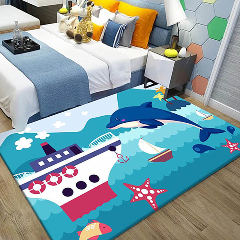 Kids Ship Pattern Rug with Dolphin Blue Polyester Rug Washable Pet Friendly Non-Slip Area Rug for Child's Bedroom Blue Clearhalo 'Area Rug' 'Rug' 1726405