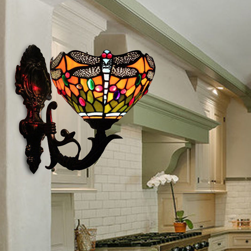 Dragonfly Sconce Light Stained Glass 1 Lights Rustic Wall Mount Light in Blue/Orange for Bedroom Orange Clearhalo 'Industrial' 'Middle century wall lights' 'Tiffany wall lights' 'Tiffany' 'Wall Lamps & Sconces' 'Wall Lights' Lighting' 172711