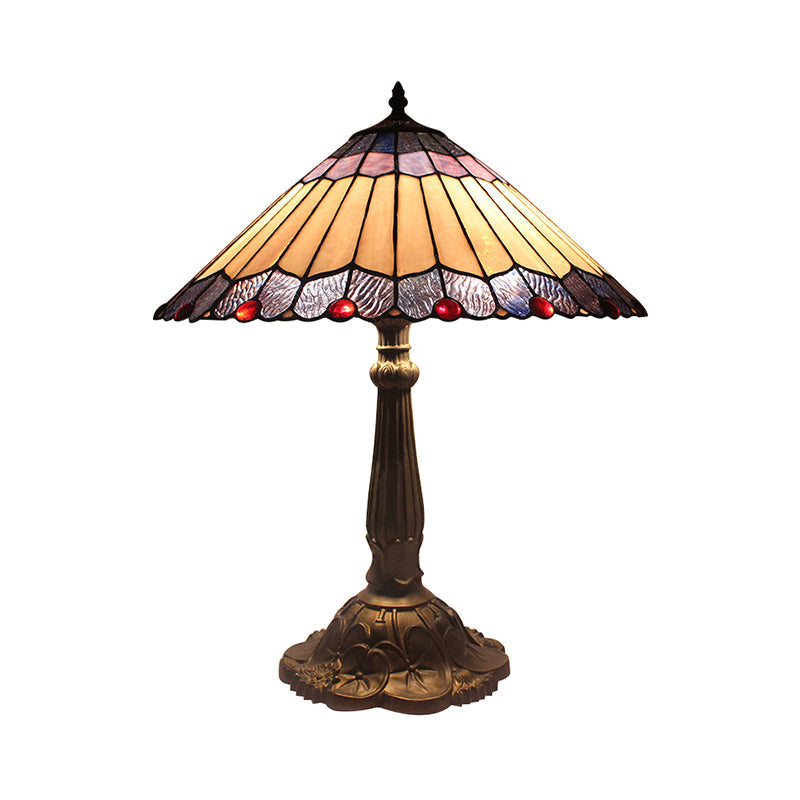 Traditional Vintage Blue/Yellow Cone Table Lighting Stained Glass 1 Light Table Lamp for Bedroom Clearhalo 'Lamps' 'Table Lamps' Lighting' 172771