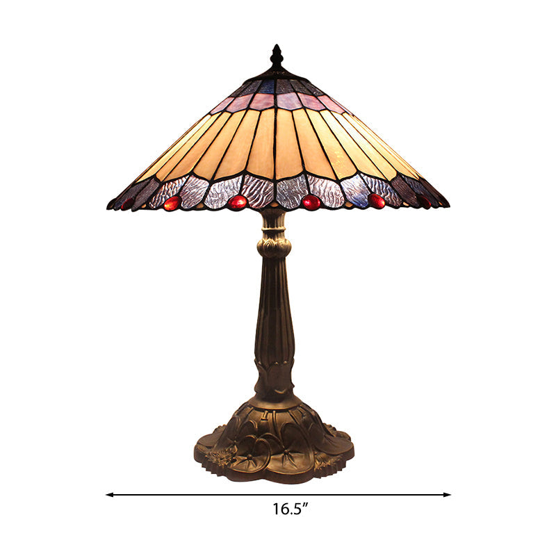 Traditional Vintage Blue/Yellow Cone Table Lighting Stained Glass 1 Light Table Lamp for Bedroom Clearhalo 'Lamps' 'Table Lamps' Lighting' 172772