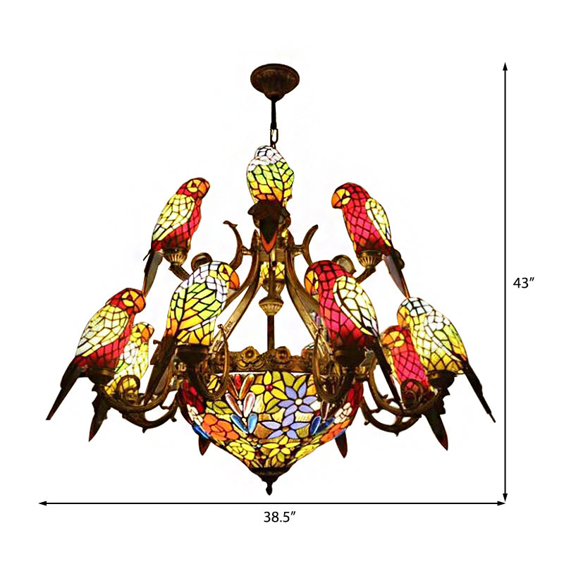 Multi Color Parrot Chandelier Lighting Lodge Style Stained Glass Hanging Pendant Light Clearhalo 'Ceiling Lights' 'Chandeliers' 'Close To Ceiling Lights' 'Industrial' 'Middle Century Chandeliers' 'Tiffany Chandeliers' 'Tiffany close to ceiling' 'Tiffany' Lighting' 172918