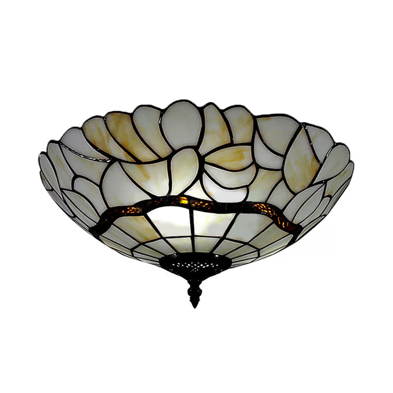 White/Beige Glass Bowl Flush Light Tiffany Style 3 Lights Flush Ceiling Light for Living Room Clearhalo 'Ceiling Lights' 'Close To Ceiling Lights' 'Close to ceiling' 'Glass shade' 'Glass' 'Pendant Lights' 'Semi-flushmount' 'Tiffany close to ceiling' 'Tiffany' Lighting' 17293