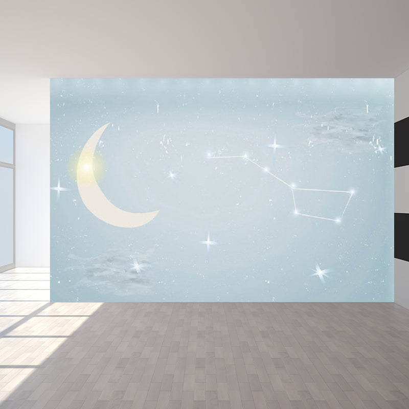 Moon and Stars Mural Decal Kid's Style Non-Woven Textured Wall Covering in Soft Color Clearhalo 'Wall Decor' 'Wall Mural' 1729352