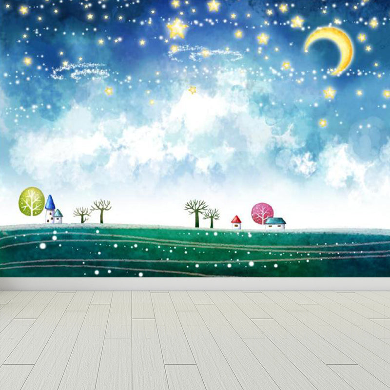 Moon and Stars Mural Decal Kid's Style Non-Woven Textured Wall Covering in Soft Color Clearhalo 'Wall Decor' 'Wall Mural' 1729355