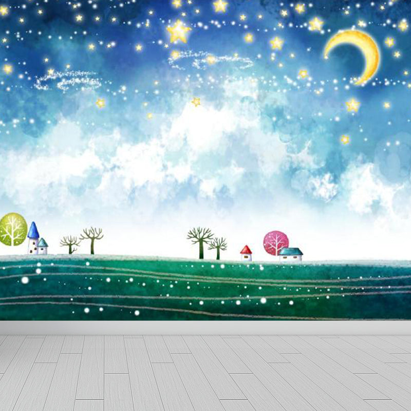 Moon and Stars Mural Decal Kid's Style Non-Woven Textured Wall Covering in Soft Color Clearhalo 'Wall Decor' 'Wall Mural' 1729357