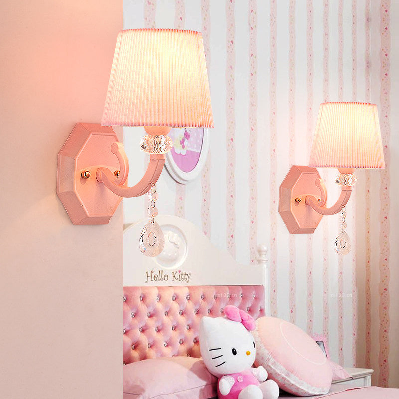 Fabric Fold Tapered Wall Lamp with Clear Crystal Girls Bedroom Kids Sconce Light in Pink Finish Clearhalo 'Wall Lamps & Sconces' 'Wall Lights' Lighting' 173207