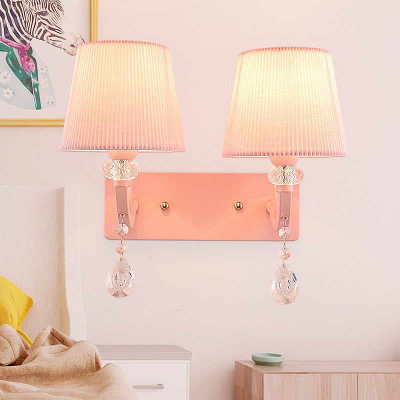 Fabric Fold Tapered Wall Lamp with Clear Crystal Girls Bedroom Kids Sconce Light in Pink Finish Clearhalo 'Wall Lamps & Sconces' 'Wall Lights' Lighting' 173214