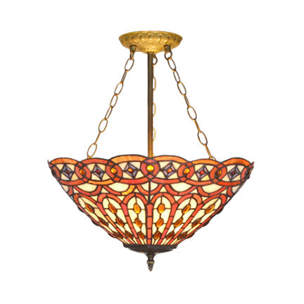 Leaf/Triangle/Rhombus/Grape/Peacock Tail/Gem/Yellow Square Pattern Semi Flush Mount Light Rustic Tiffany Stained Glass 3 Lights Semi Flush Mount in Brass Brass Gem Clearhalo 'Ceiling Lights' 'Close To Ceiling Lights' 'Close to ceiling' 'Glass shade' 'Glass' 'Pendant Lights' 'Semi-flushmount' 'Tiffany close to ceiling' 'Tiffany' Lighting' 17332