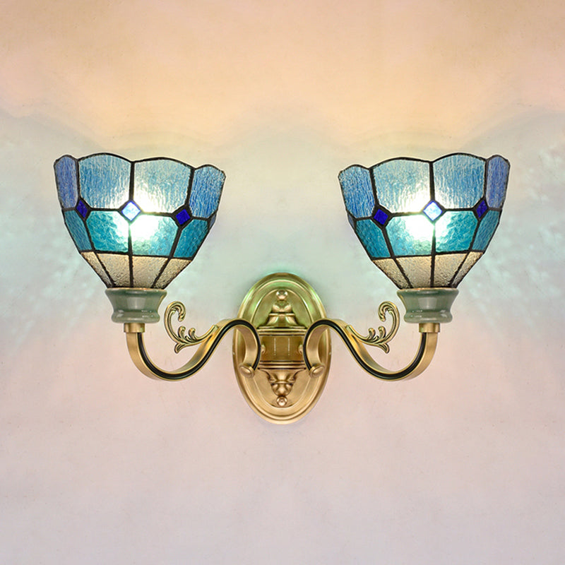 Mediterranean Bowl Wall Lamp 2 Lights Blue Glass Wall Mount Light for Dining Room Clearhalo 'Industrial' 'Middle century wall lights' 'Tiffany wall lights' 'Tiffany' 'Wall Lamps & Sconces' 'Wall Lights' Lighting' 173320