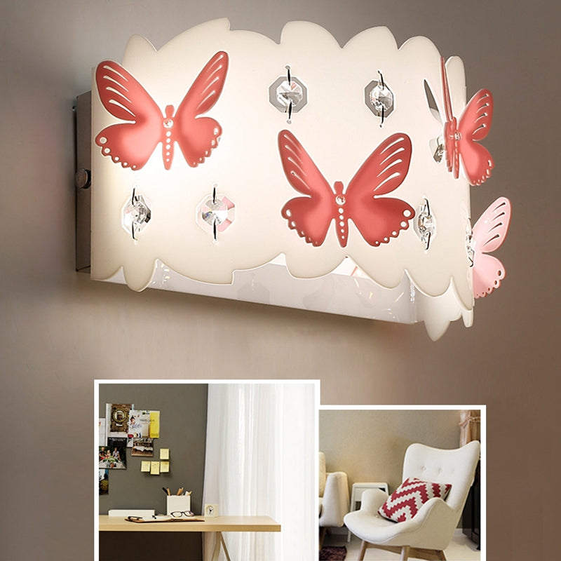 Girls Bedroom Wall Sconce with Etched Pink Butterfly Metal Romantic White Wall Lamp White White Clearhalo 'Wall Lamps & Sconces' 'Wall Lights' Lighting' 173348