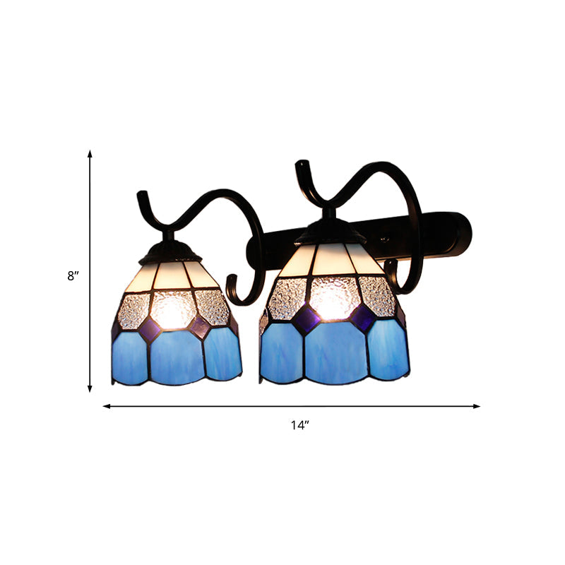 Tiffany Dome Wall Sconce Lamp Stained Glass 2 Heads Bathroom Wall Mount Light in Light Blue/Orange Red/Green/Clear/Royal Blue Clearhalo 'Industrial' 'Middle century wall lights' 'Tiffany wall lights' 'Tiffany' 'Wall Lamps & Sconces' 'Wall Lights' Lighting' 173567