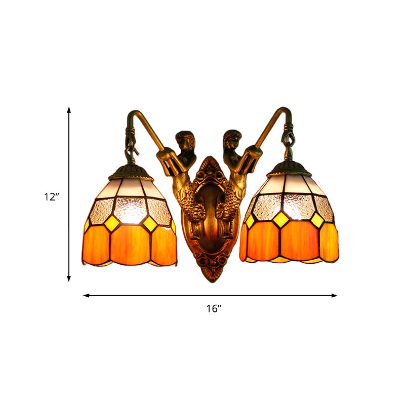 Grid Patterned Sconce Lighting Tiffany Dimpled Glass 2 Heads Orange/Green Wall Mounted Light Clearhalo 'Industrial' 'Middle century wall lights' 'Tiffany wall lights' 'Tiffany' 'Wall Lamps & Sconces' 'Wall Lights' Lighting' 173638