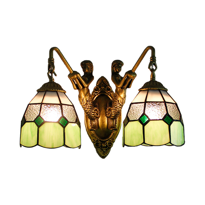 Grid Patterned Sconce Lighting Tiffany Dimpled Glass 2 Heads Orange/Green Wall Mounted Light Clearhalo 'Industrial' 'Middle century wall lights' 'Tiffany wall lights' 'Tiffany' 'Wall Lamps & Sconces' 'Wall Lights' Lighting' 173641