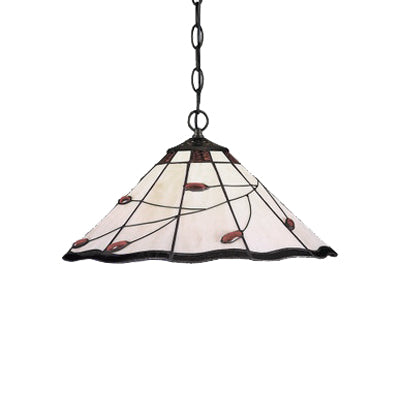 Tiffany-Style Tapered Pendant Light Fixture Single Head Stained Art Glass Down Lighting in White and Red, 16