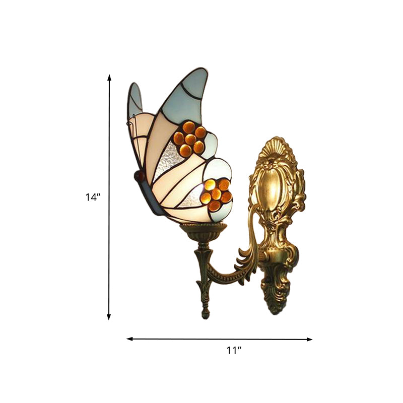 Blue Butterfly Wall Sconce Lodge Style Stained Glass 1 Light Wall Lighting for Kitchen Clearhalo 'Industrial' 'Middle century wall lights' 'Tiffany wall lights' 'Tiffany' 'Wall Lamps & Sconces' 'Wall Lights' Lighting' 173741