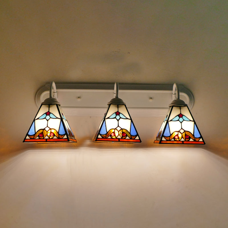 3 Head Wall Light Fixture Tiffany Pyramid Stained Glass Sconce Lighting in White White Clearhalo 'Industrial' 'Middle century wall lights' 'Tiffany wall lights' 'Tiffany' 'Wall Lamps & Sconces' 'Wall Lights' Lighting' 173757