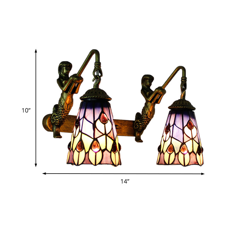 Tiffany Flared Wall Mount Light Multicolor Stained Glass 2 Heads Hallway with Peacock Tail/Flower Pattern Clearhalo 'Industrial' 'Middle century wall lights' 'Tiffany wall lights' 'Tiffany' 'Wall Lamps & Sconces' 'Wall Lights' Lighting' 173873