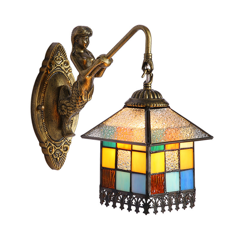 Brass House Sconce Light Tiffany 1 Head Multicolor Stained Glass Wall Mount Light Clearhalo 'Wall Lamps & Sconces' 'Wall Lights' Lighting' 174276