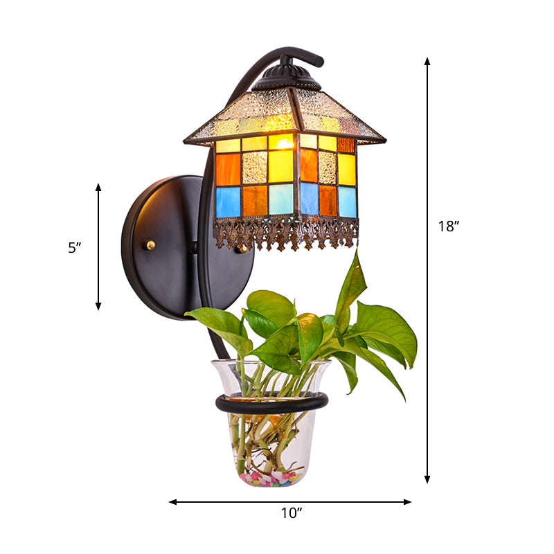 Stained Glass House Wall Mount Light Tiffany 1 Head Clear/Beige Sconce Light Fixture with Plant Decoration Clearhalo 'Industrial' 'Middle century wall lights' 'Tiffany wall lights' 'Tiffany' 'Wall Lamps & Sconces' 'Wall Lights' Lighting' 174418