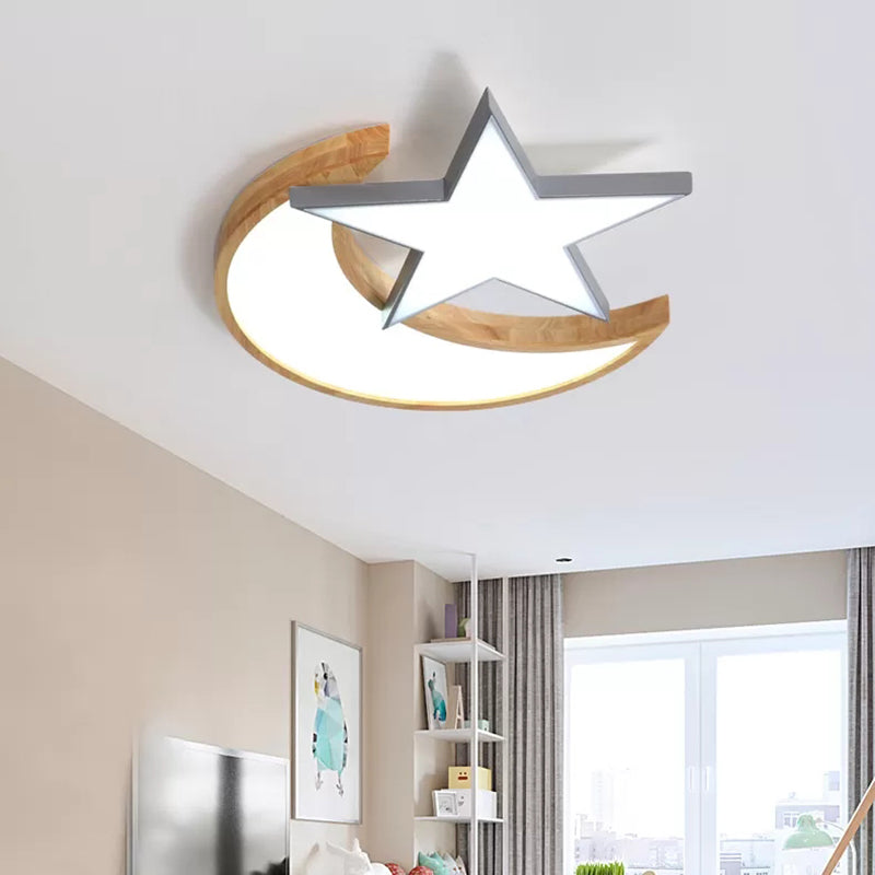 Wood Star Moon Ceiling Mount Light Nordic Style Ceiling Lamp for Nursing Room Bedroom Grey Clearhalo 'Ceiling Lights' 'Close To Ceiling Lights' 'Close to ceiling' 'Flush mount' Lighting' 174553