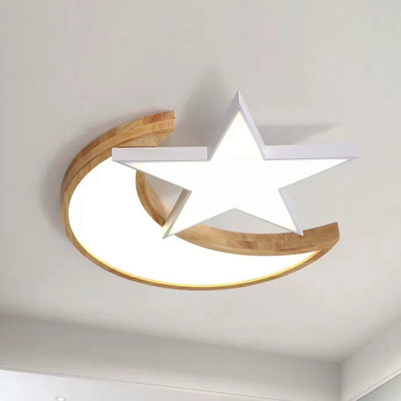 Wood Star Moon Ceiling Mount Light Nordic Style Ceiling Lamp for Nursing Room Bedroom White Clearhalo 'Ceiling Lights' 'Close To Ceiling Lights' 'Close to ceiling' 'Flush mount' Lighting' 174557