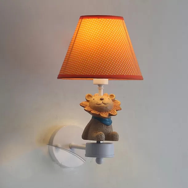 Lovely Animal Wall Light with Tapered Shade Wood 1 Head Sconce Light for Hallway Foyer Orange Lion Clearhalo 'Wall Lamps & Sconces' 'Wall Lights' Lighting' 17459