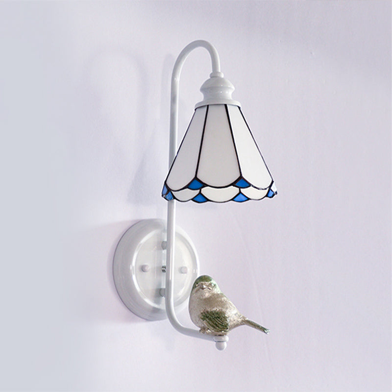 1 Head Bedroom Wall Light Mediterranean Blue-White/Beige/Blue-Clear Sconce Lighting with Cone/Dome Stained Glass Shade White Clearhalo 'Industrial' 'Middle century wall lights' 'Tiffany wall lights' 'Tiffany' 'Wall Lamps & Sconces' 'Wall Lights' Lighting' 174672