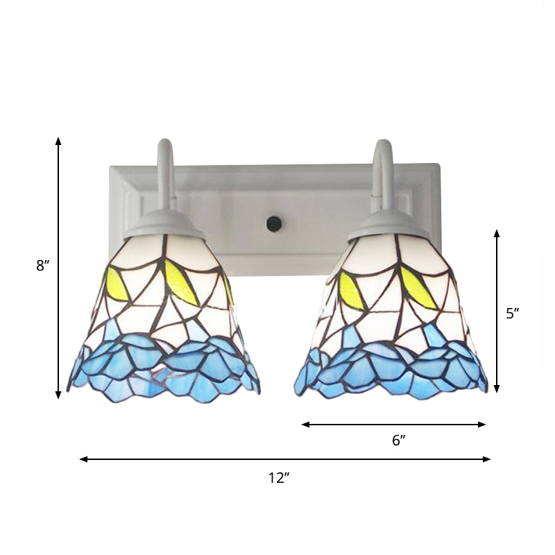 2 Heads Flared Wall Light Fixture Tiffany Blue Stained Glass Sconce Light for Bedroom Clearhalo 'Industrial' 'Middle century wall lights' 'Tiffany wall lights' 'Tiffany' 'Wall Lamps & Sconces' 'Wall Lights' Lighting' 174972