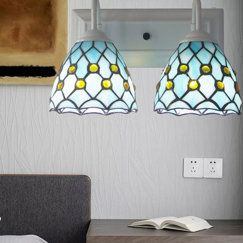 Global Wall Sconce Light with Bead Tiffany Style 2 Lights Stained Glass Wall Lamp in Sky Blue/Blue for Bedroom Sky Blue Clearhalo 'Industrial' 'Middle century wall lights' 'Tiffany wall lights' 'Tiffany' 'Wall Lamps & Sconces' 'Wall Lights' Lighting' 175002