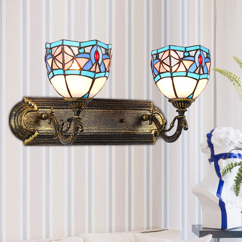 Stained Glass Bowl Wall Lamp Tiffany Vintage 2 Heads Wall Light Sconce in Blue for Living Room Blue Clearhalo 'Industrial' 'Middle century wall lights' 'Tiffany wall lights' 'Tiffany' 'Wall Lamps & Sconces' 'Wall Lights' Lighting' 175028