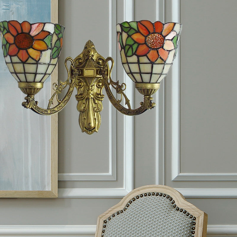 Stained Glass Sunflower Sconce Lighting Lodge Tiffany 2 Lights Wall Light in Green/Beige for Living Room Beige Clearhalo 'Industrial' 'Middle century wall lights' 'Tiffany wall lights' 'Tiffany' 'Wall Lamps & Sconces' 'Wall Lights' Lighting' 175106